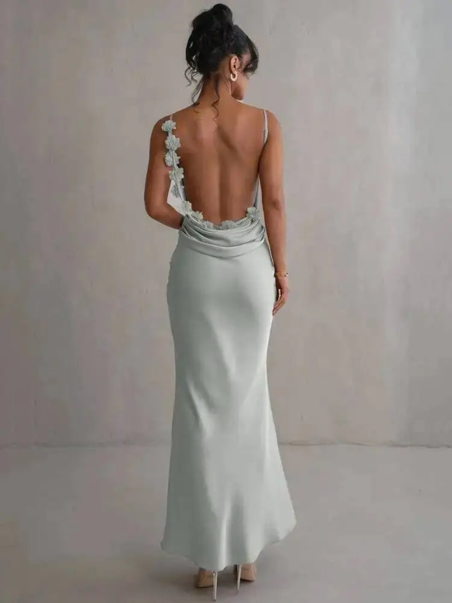Draped Floral Lace-Up Back Slip Midi Dress