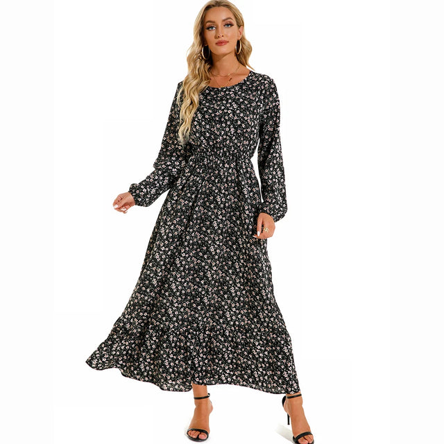 Boho Floral Puff Sleeve High Waist Midi Dress