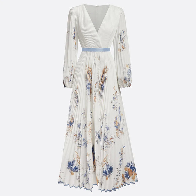 White Floral V-Neck Long Sleeve Maxi Dress