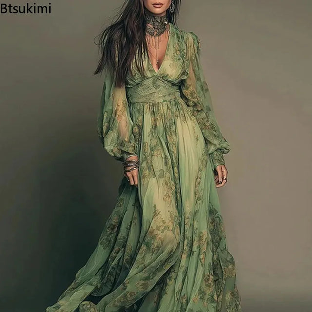 Floral Chiffon Deep V Lantern Sleeve Maxi Dress