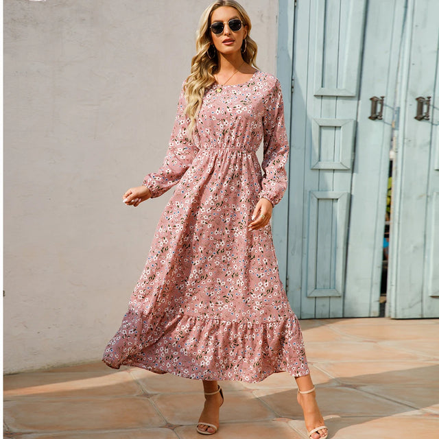 Boho Floral Puff Sleeve High Waist Midi Dress