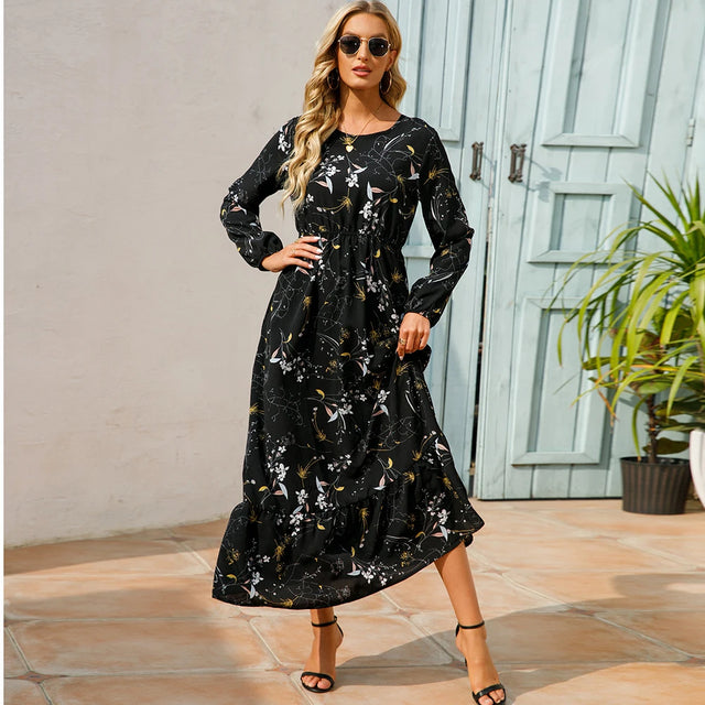 Boho Floral Puff Sleeve High Waist Midi Dress