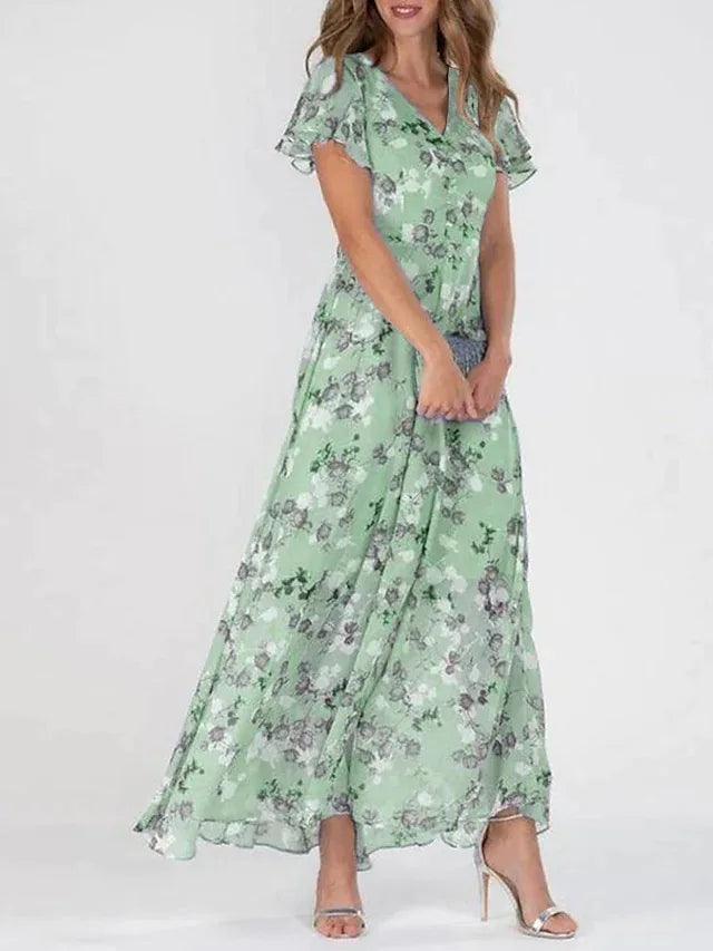 Retro Floral Empire Waist Chiffon Maxi Dress