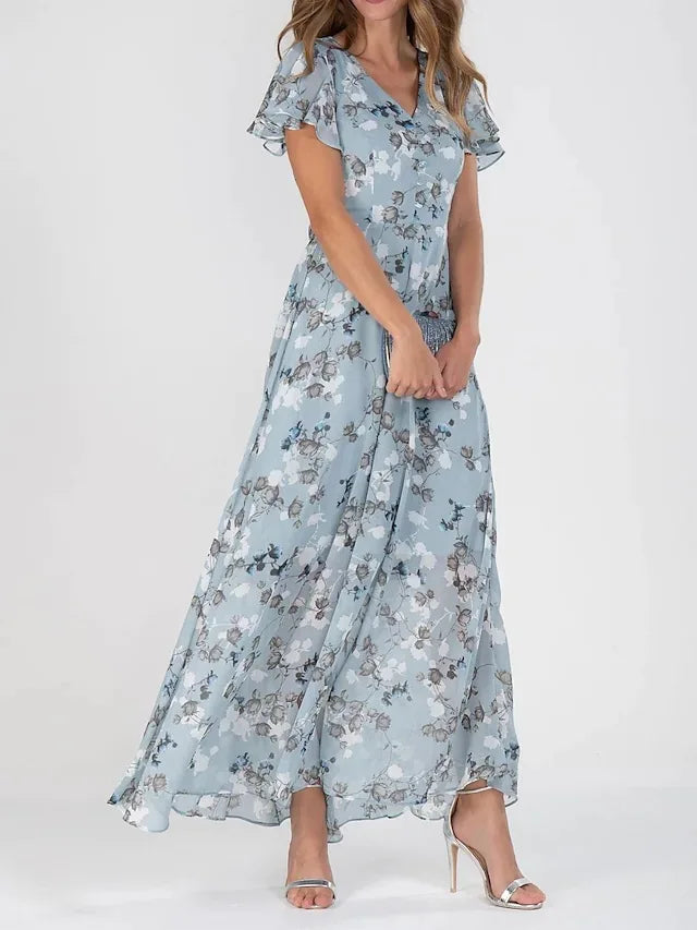 Retro Floral Empire Waist Chiffon Maxi Dress