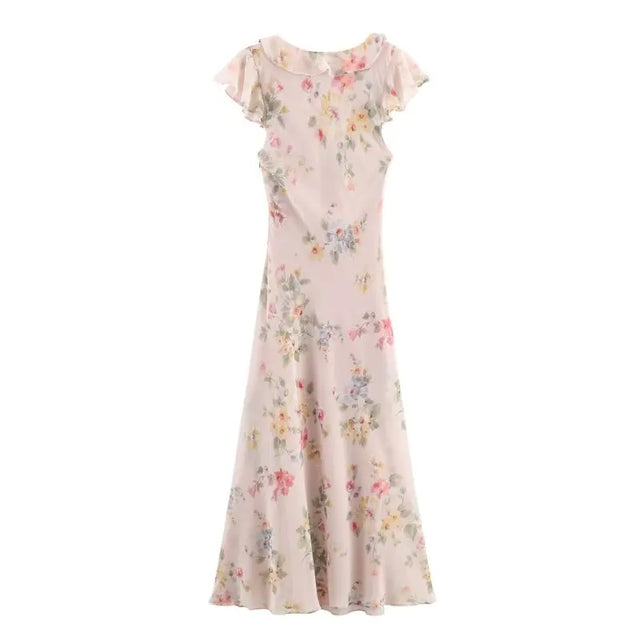 French Floral Ruffle Sleeve Deep V Maxi Dress