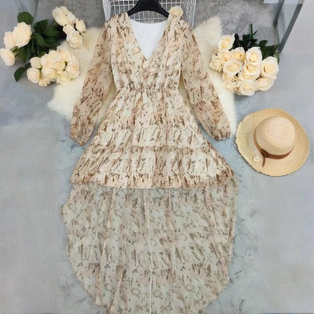 Boho Floral High-Low Puff Sleeve Maxi Dress