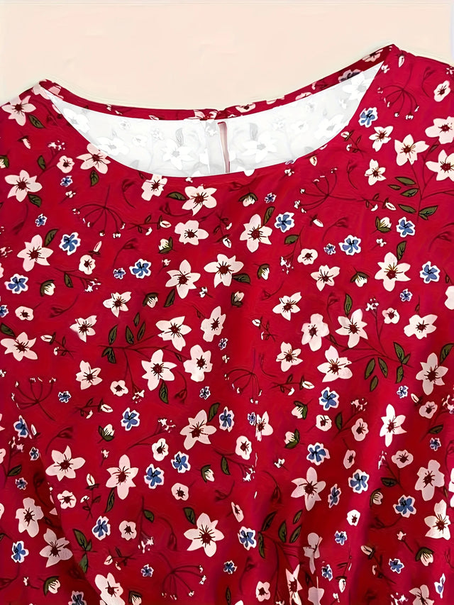 Floral Long Sleeve Cinched Waist Midi Dress