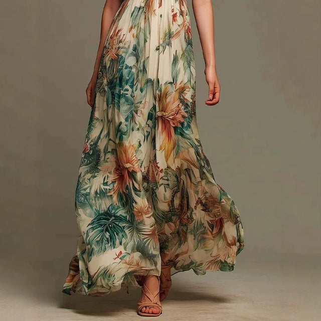 Ruffle Mock Neck Smocked Waist Floral Maxi Dress