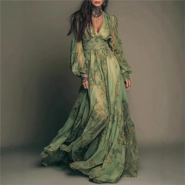 Green Floral Long Sleeve Boho Maxi Dress