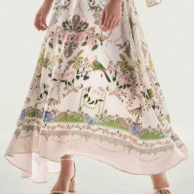 Vintage Floral Flared Sleeve Swing Maxi Dress