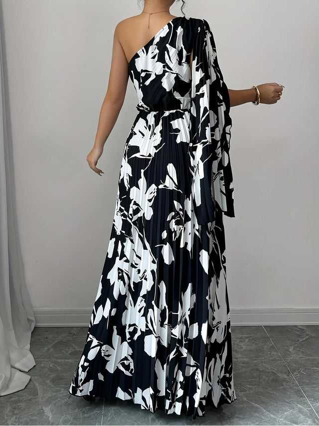 One-Shoulder Floral Puff Sleeve Maxi Dress