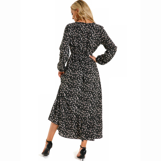 Boho Floral Puff Sleeve High Waist Midi Dress