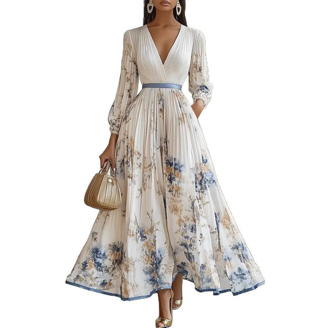 White Floral V-Neck Long Sleeve Maxi Dress