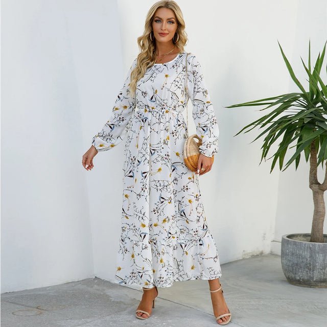 Boho Floral Puff Sleeve High Waist Midi Dress