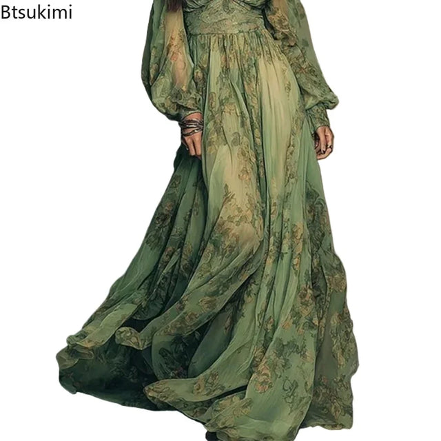 Floral Chiffon Deep V Lantern Sleeve Maxi Dress