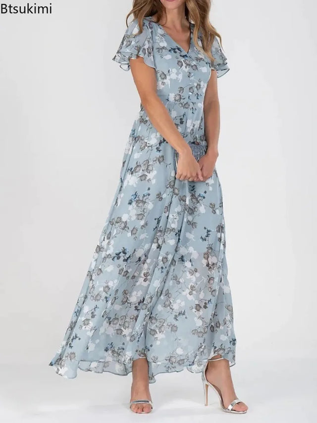 Retro Floral Empire Waist Chiffon Maxi Dress