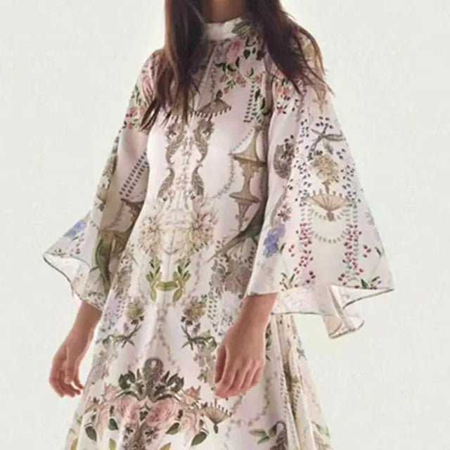 Vintage Floral Flared Sleeve Swing Maxi Dress