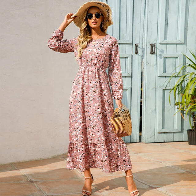 Boho Floral Puff Sleeve High Waist Midi Dress
