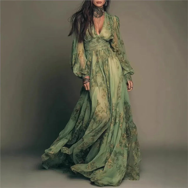 Green Floral Long Sleeve Boho Maxi Dress