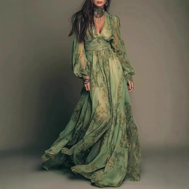 Floral Chiffon Puff Sleeve Deep V Maxi Dress