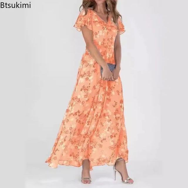 Retro Floral Empire Waist Chiffon Maxi Dress