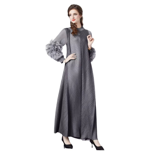 Stand Collar Pleated Petal Floral Maxi Dress