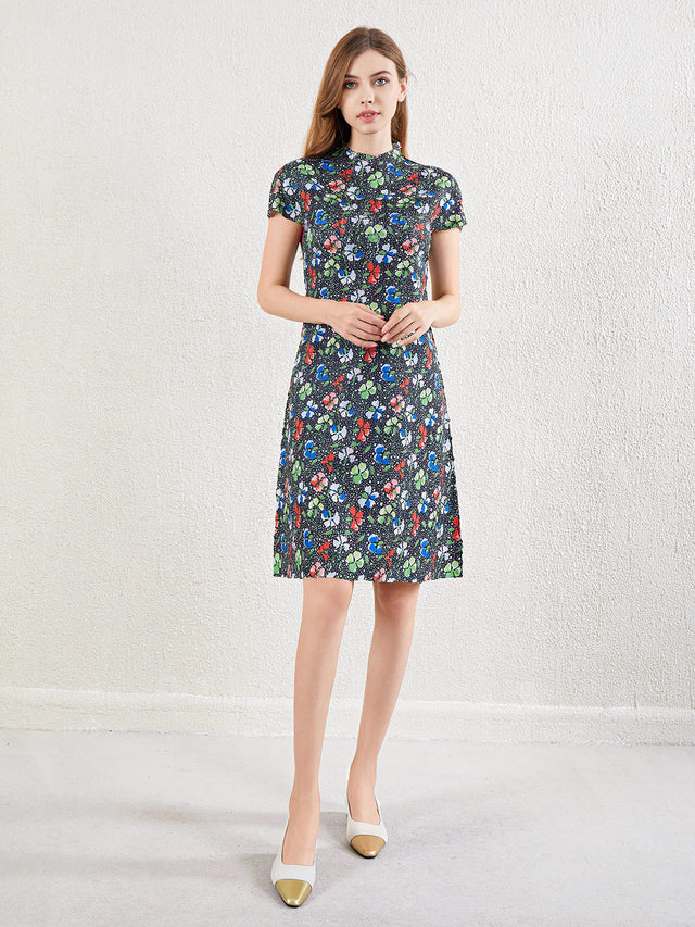 Pleated Floral Short Sleeve A-Line Midi Dress