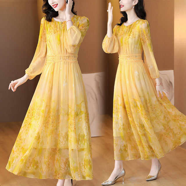 Yellow Floral Long Sleeve A-Line Maxi Dress