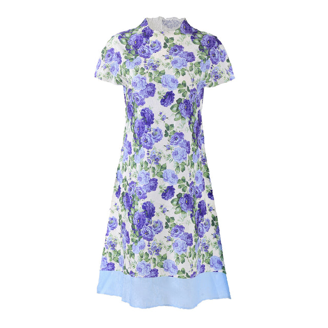 Pleated Floral Short Sleeve A-Line Midi Dress