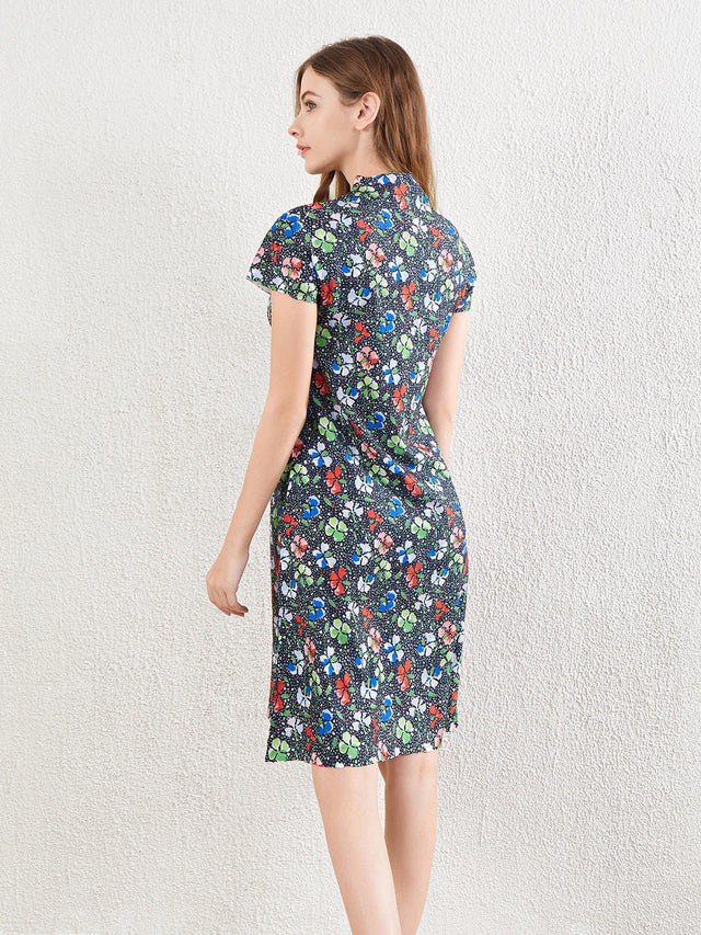 Pleated Floral Short Sleeve A-Line Midi Dress