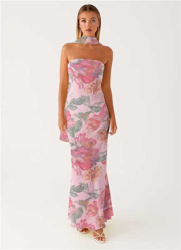 Strapless Floral Chiffon Fishtail Maxi Dress