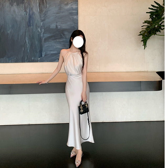 Halter Neck Satin Wrap Skirt Midi Dress