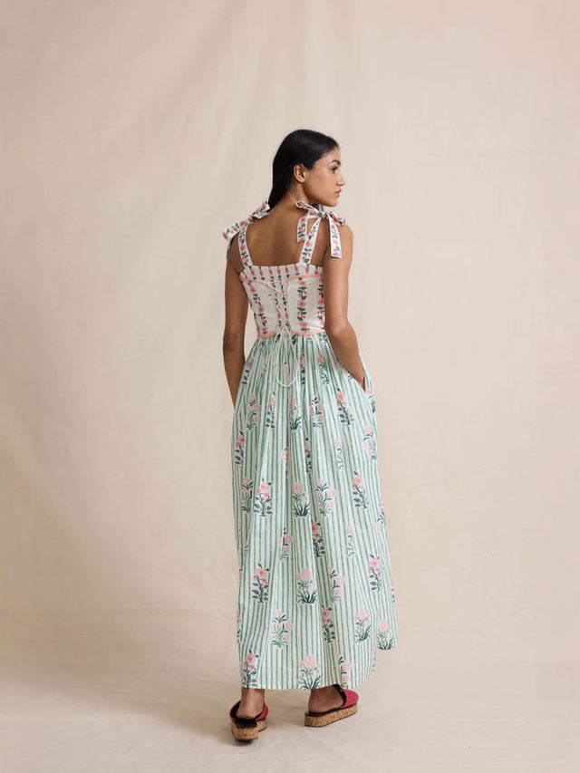 Boho Colorblock Lace-Up Tiered Maxi Dress