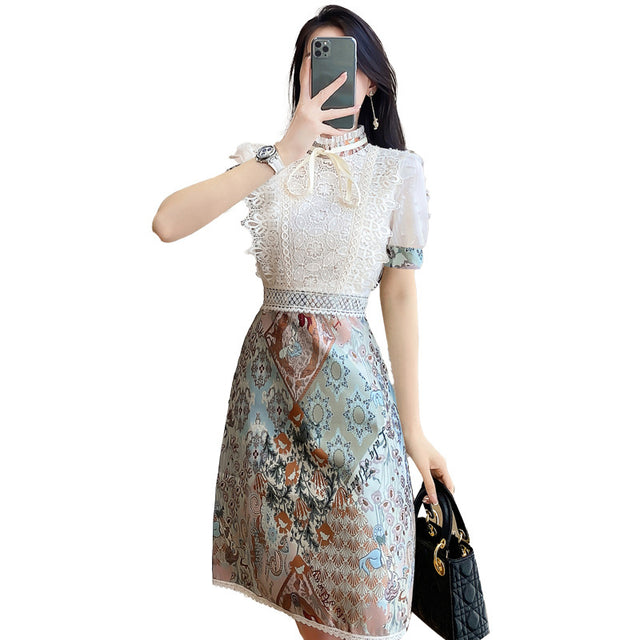 Lace Trim Floral Puff Sleeve A-Line Midi Dress