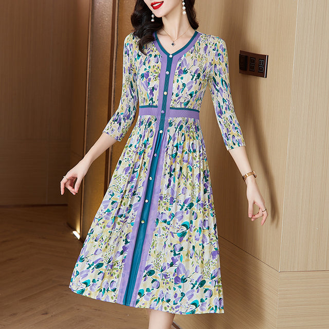 Plus Size Pleated Floral Button Front Midi Dress