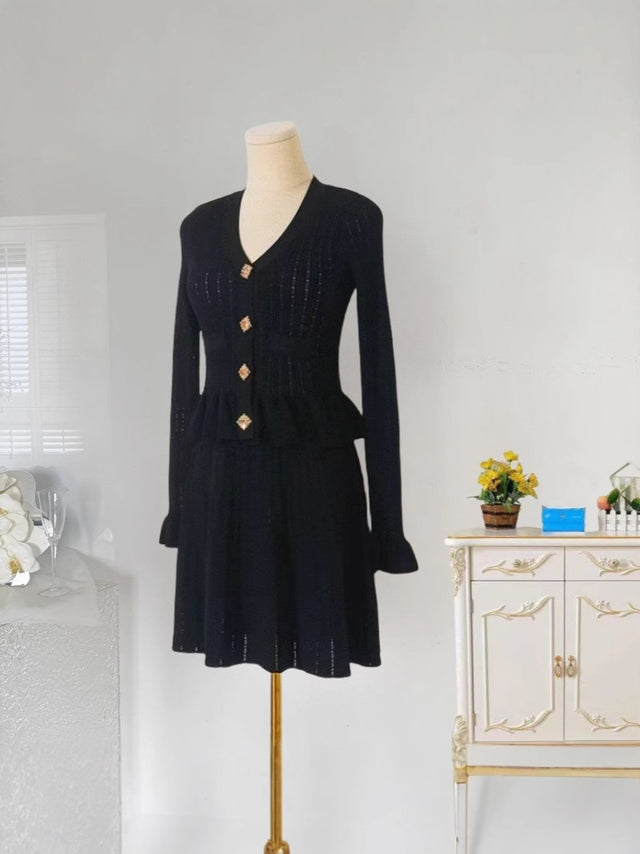 Knit V-Neck Long Sleeve Ruffle Midi Dress