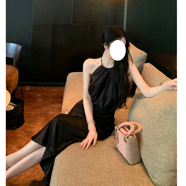 Halter Neck Satin Wrap Skirt Midi Dress