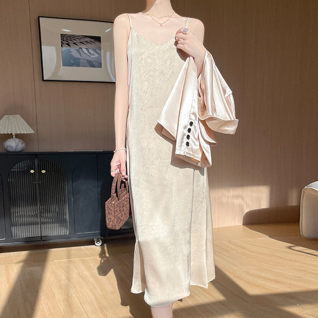 Satin V-Neck Pleated Midi Slip Dress