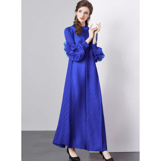 Stand Collar Pleated Petal Floral Maxi Dress