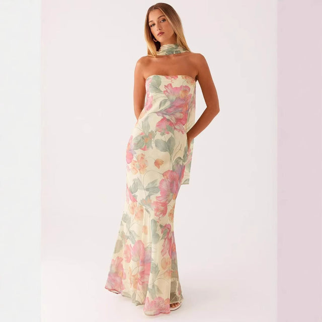 Strapless Floral Chiffon Fishtail Maxi Dress