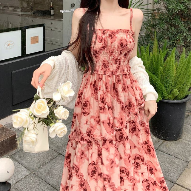 Black Floral Strappy Swing Midi Dress
