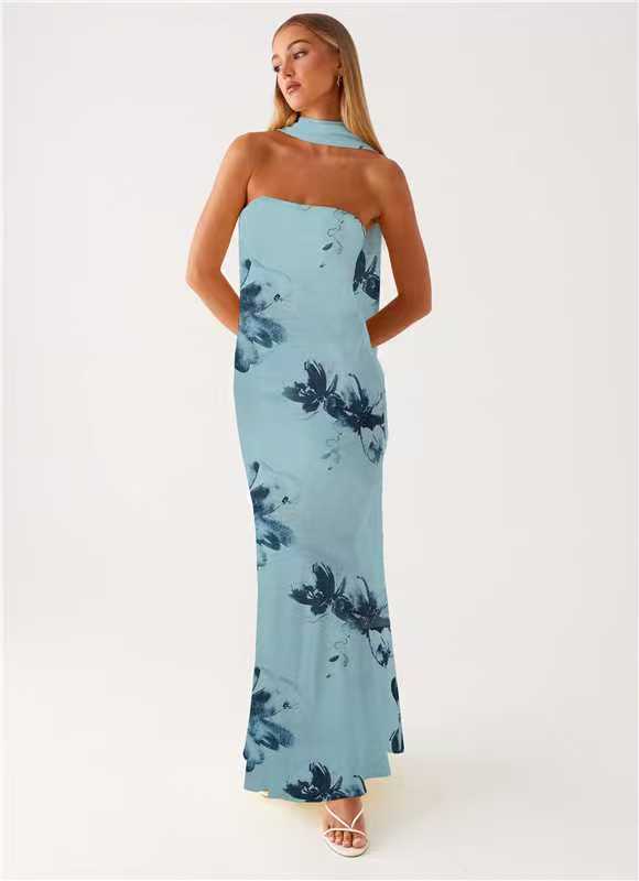 Strapless Floral Chiffon Fishtail Maxi Dress