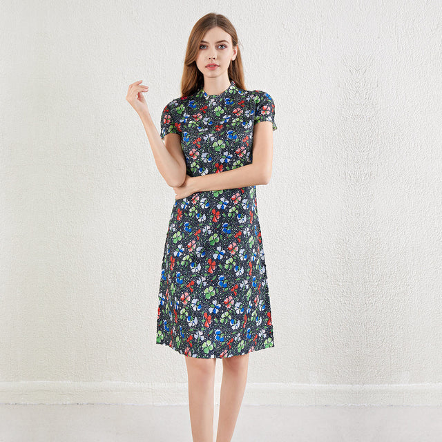 Pleated Floral Short Sleeve A-Line Midi Dress