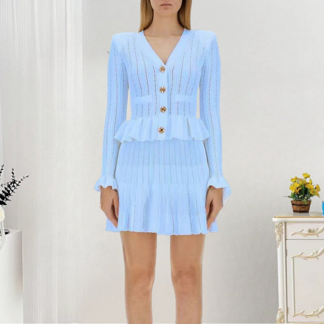 Knit V-Neck Long Sleeve Ruffle Midi Dress