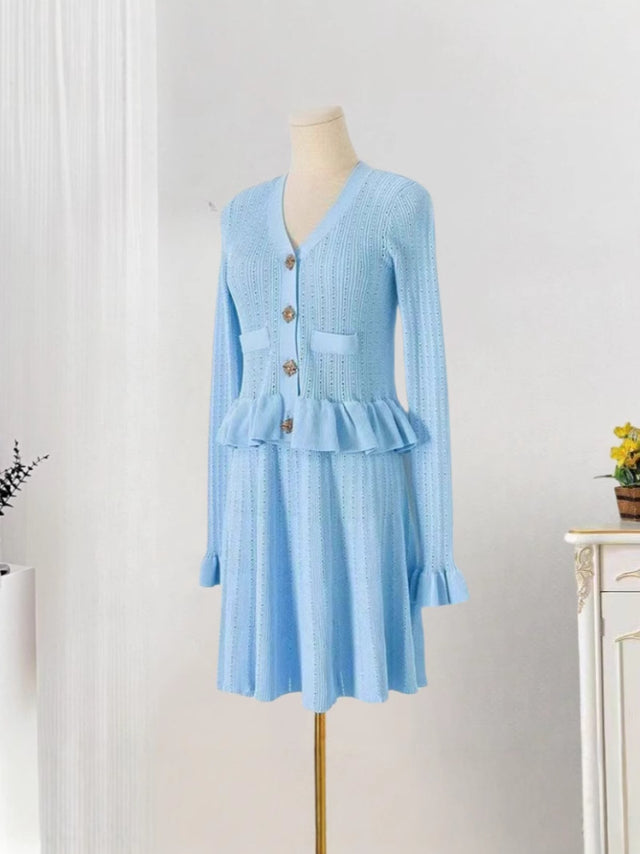 Knit V-Neck Long Sleeve Ruffle Midi Dress