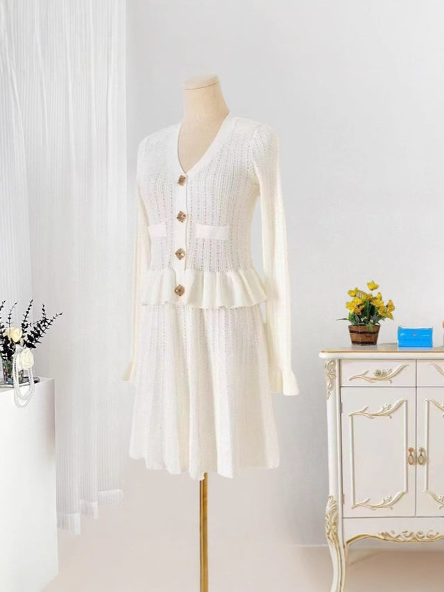 Knit V-Neck Long Sleeve Ruffle Midi Dress
