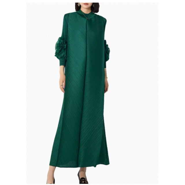 Stand Collar Pleated Petal Floral Maxi Dress