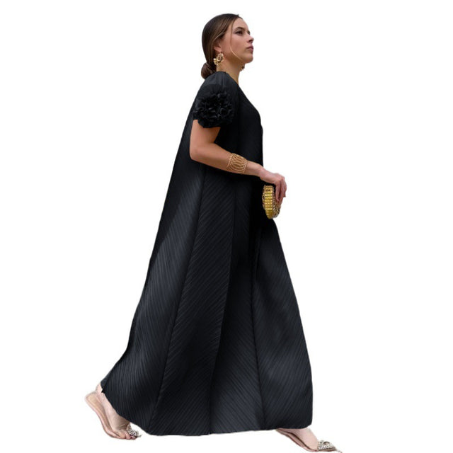 Plus Size Pleated Floral Petal Sleeve Maxi Dress