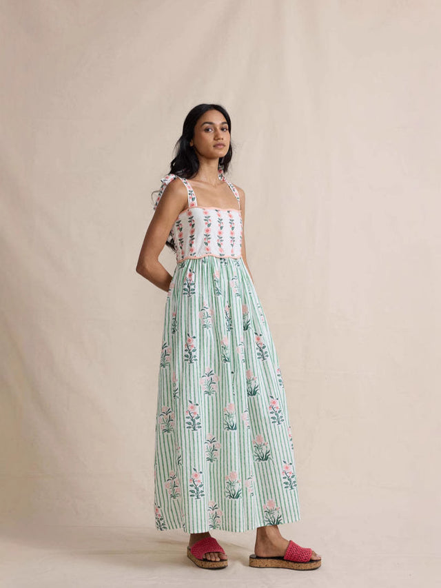 Boho Colorblock Lace-Up Tiered Maxi Dress
