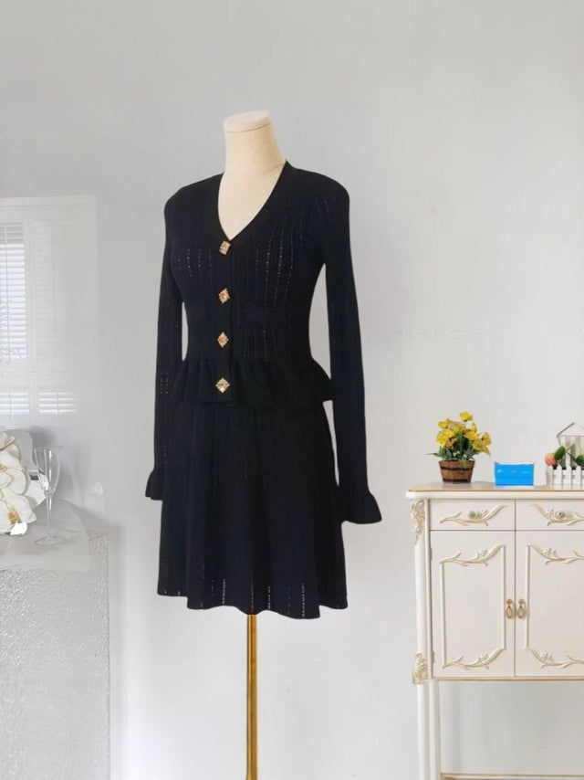 Knit V-Neck Long Sleeve Ruffle Midi Dress